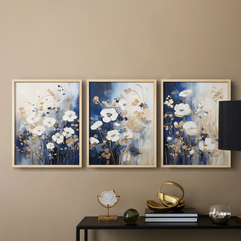 Étude florale, série CI, ensemble de 3 estampes giclées encadrées, prêt à, Encadré naturel, H 14 po x l 11 po