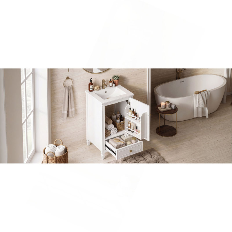 Meuble-lavabo de 20 po avec lavabo en céramique, meuble-lavabo autoportant avec armoire de rangement, support de rangement, fabrication robuste, finition peinte lisse