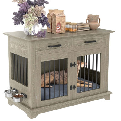 Stylish Indoor Wooden Dog Crate With Storage Drawers And Rotatable Bowls For Medium-Sized Pets, Perfect For Modern Homes