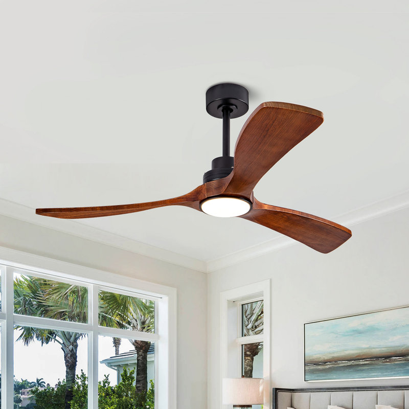 Ventilateur de plafond 52 po avec lumière, 3 pales en bois massif, télécommande, 3 ampoules à DEL à intensité variable, minuterie, moteur réversible à 6 vitesses pour le salon ou la terrasse
