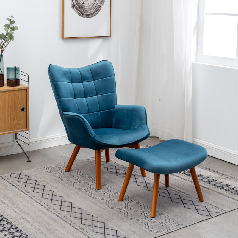 Battistina Velvet Armchair with Ottoman, Blue