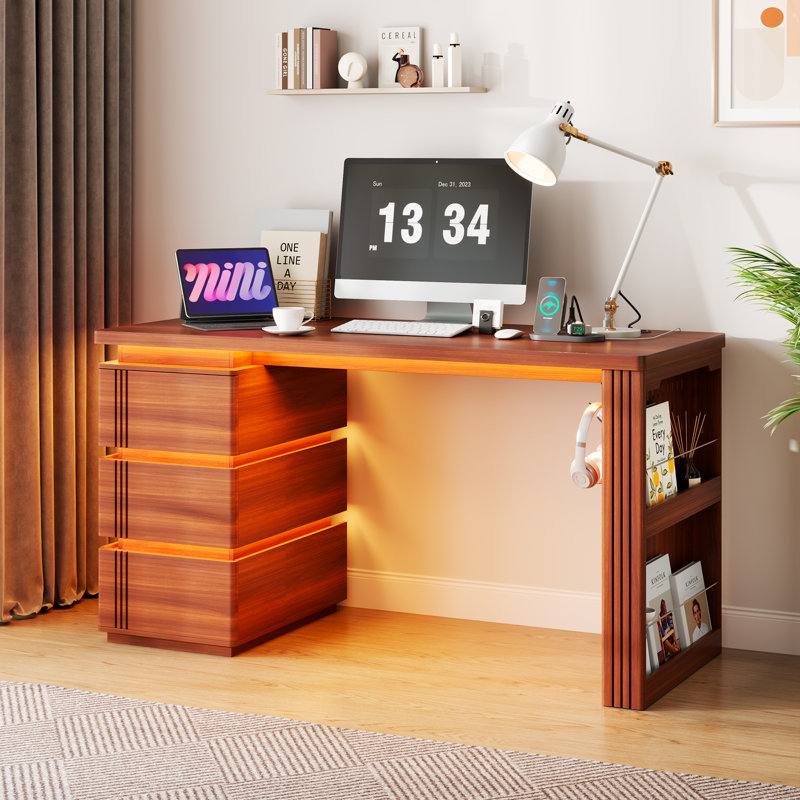 MDF Computer Desk with Built-In Electrical Outlet, Warm Walnut Effect