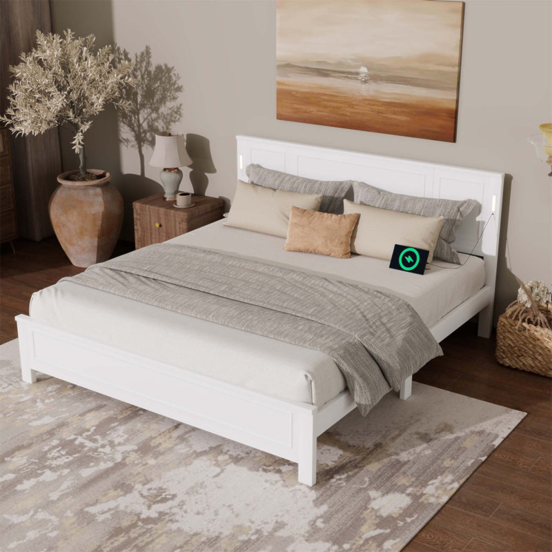 Lit plateforme avec lumières DEL intégrées, station de charge USB, Blanc