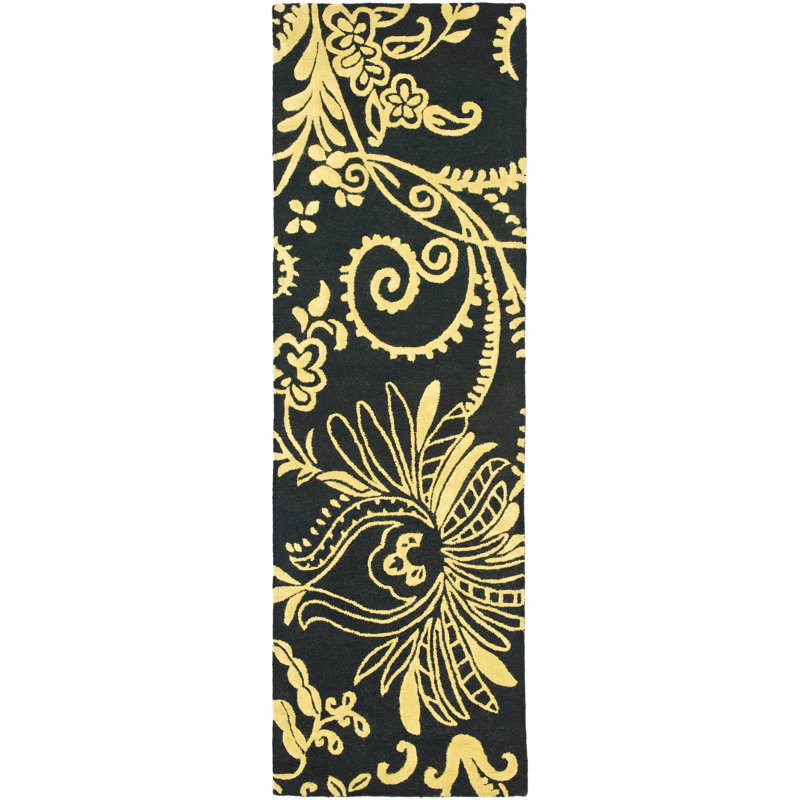 Tapis noir / vert en laine touffeté à la main Chanler, Tapis de couloir 2 pi 6 po x 8 pi