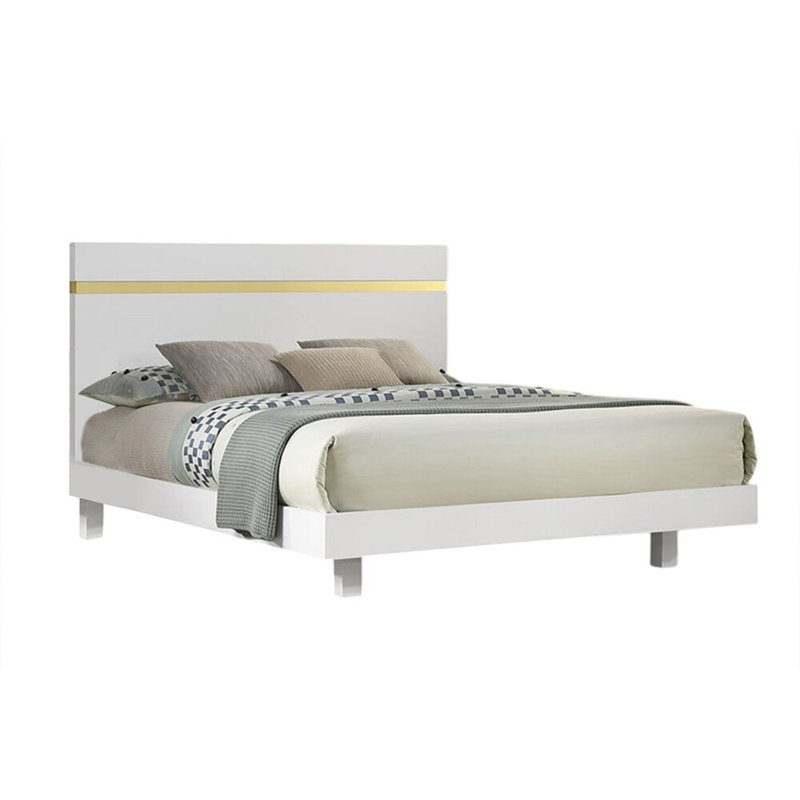 Yoki Full Size Bed W Underbed LED, Acrylic Gold Trim, White Frame, Full, White/Gold
