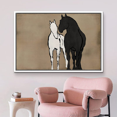 " Pastel Watercolor Black White Horses "