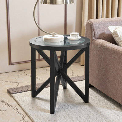Sleek Round Glass Coffee Table with Solid Wood Base - 22" Modern Accent Table for Living Room, Black