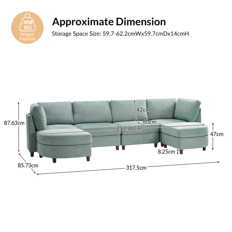 Johannes 318cm W 6-Seater Chenille Corner Sofa with Under-Seat Storage, Sage