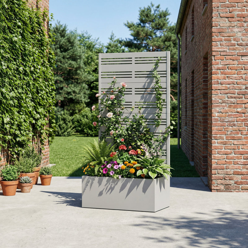 Metal Planter Box with Trellis without Wheels, Gray