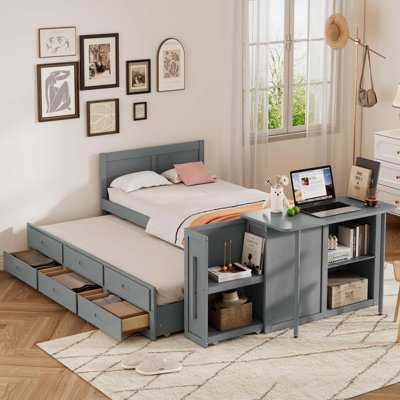 Twin Size Multifunctional Wood Platform Bed With Desk And Storage Shelf At The End Of The Bed, Built-In Trundle And 3 Drawers