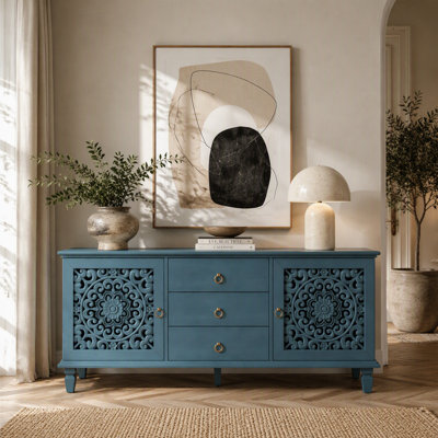 Buffet Farmhouse Vintage avec buffet et portes creuses sculptées, 3 tiroirs et tablettes réglables