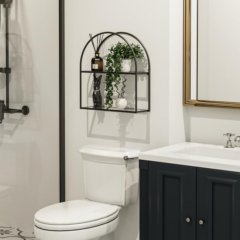 2-Tier Wall Mounted Shelf Arched Frame Shelf with Transparent Tempered Glass, Black