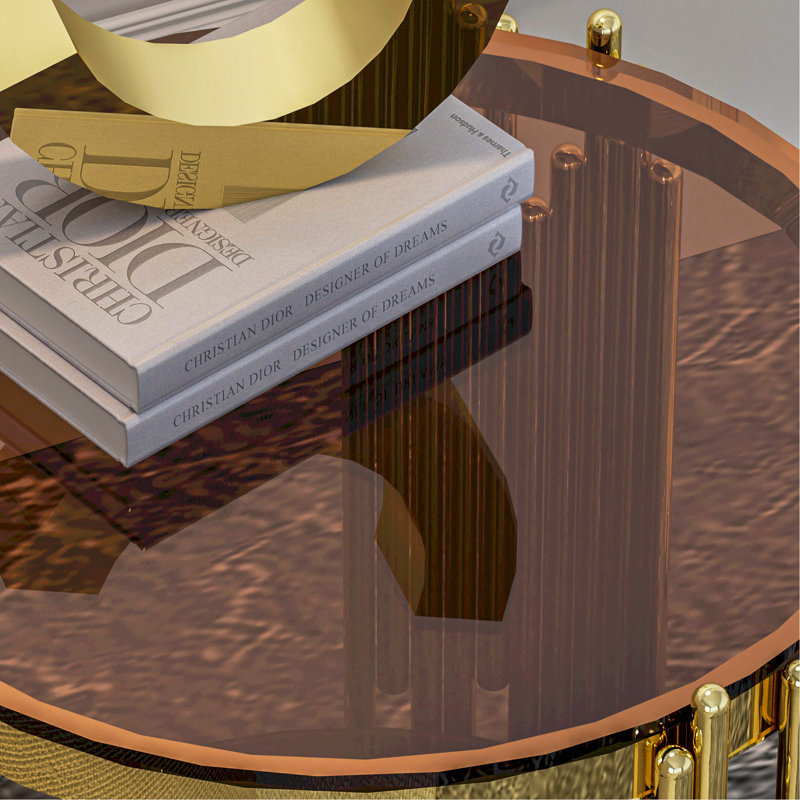 19.69Inch Modern Luxury Gold End Table For Living Room, Stainless Steel Leg Round 8Mm Brown Tempered Glass Sofa Side Table