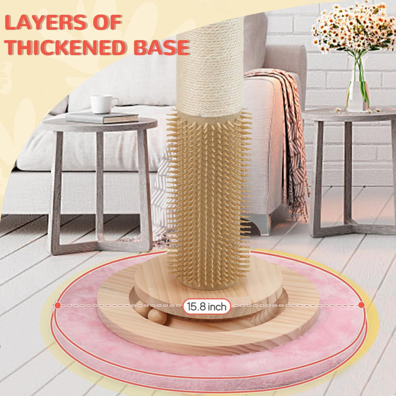 Arbre à chat à griffes haut, base en bois massif à griffer robuste, poteau en sisal de 3,5 po, jouet à boules suspendues, brosse d'auto-toilettage