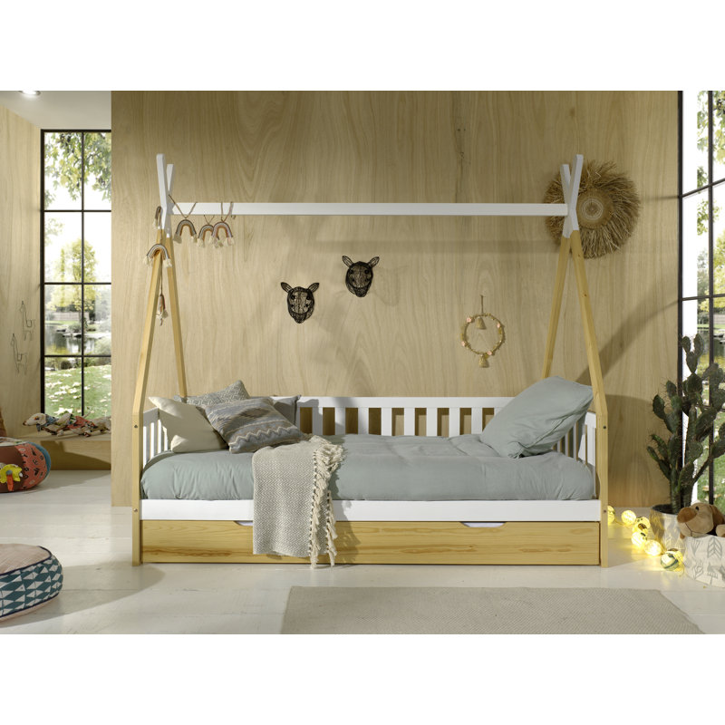 Bunk Bed with Frame/Roof Frame/Roll-out and Bed Drawer, Natural/White