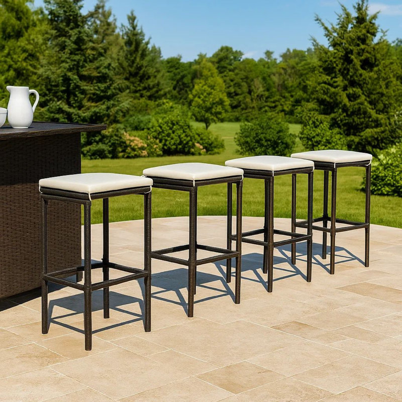 Vian Outdoor Barstool, Poly Rattan, Polyester, 4, Black, Cream White