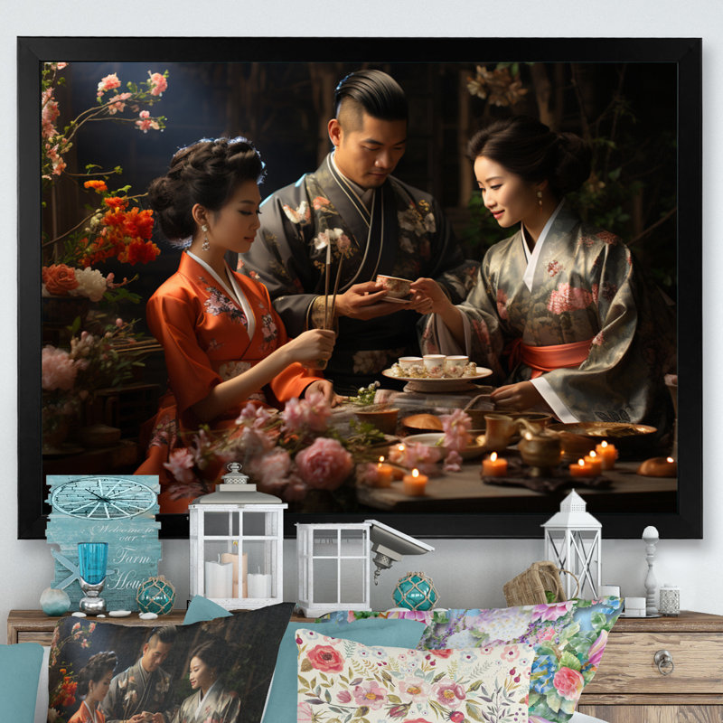 «Asian Art Harmony in Tea» - reproduction d'art, H 24 po x l 32 po x P 1 po, Cadre photo noir