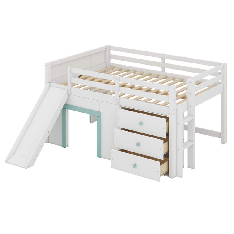 Lit mezzanine bas avec glissade, trois tiroirs de rangement et deux portes