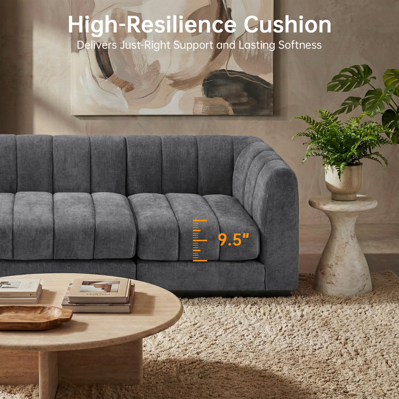 Myrhn 6-Piece Chenille Modular Sectional, Large L-Shaped Deep Seat Sofa With Wood Base, Gray Chenille