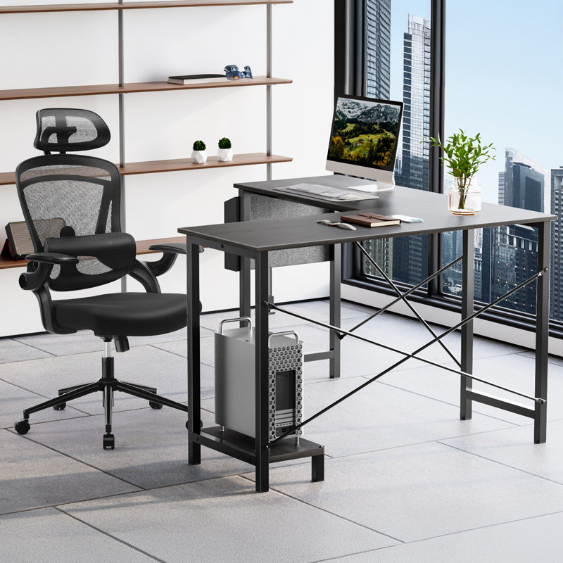 Desk and Chair Set: L-Shaped Computer Desk and Mesh Office Chair, Black Chair/Gray Desk