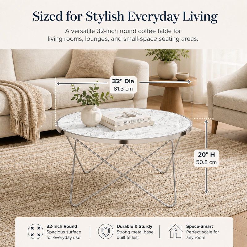 32-Inch Round Faux Marble Coffee Table with Silver Metal Geometric Base for Living Room, Modern Accent Table