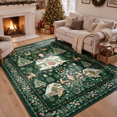 Tapis de Noël, motif hivernal festif, lavable et antidérapant, idéal pour le salon, la chambre à coucher, l'entrée et la salle à manger.
