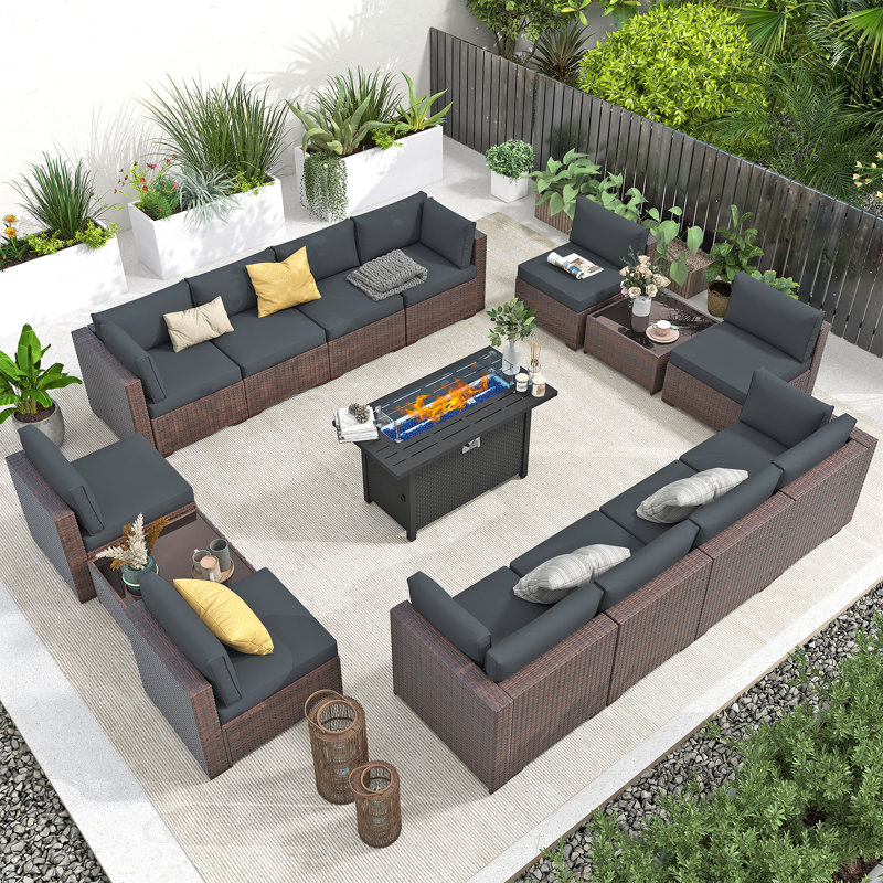 Ensemble de conversation modulaire en osier pour 12 personnes avec table de foyer Wallie, Brown, Dark Gray