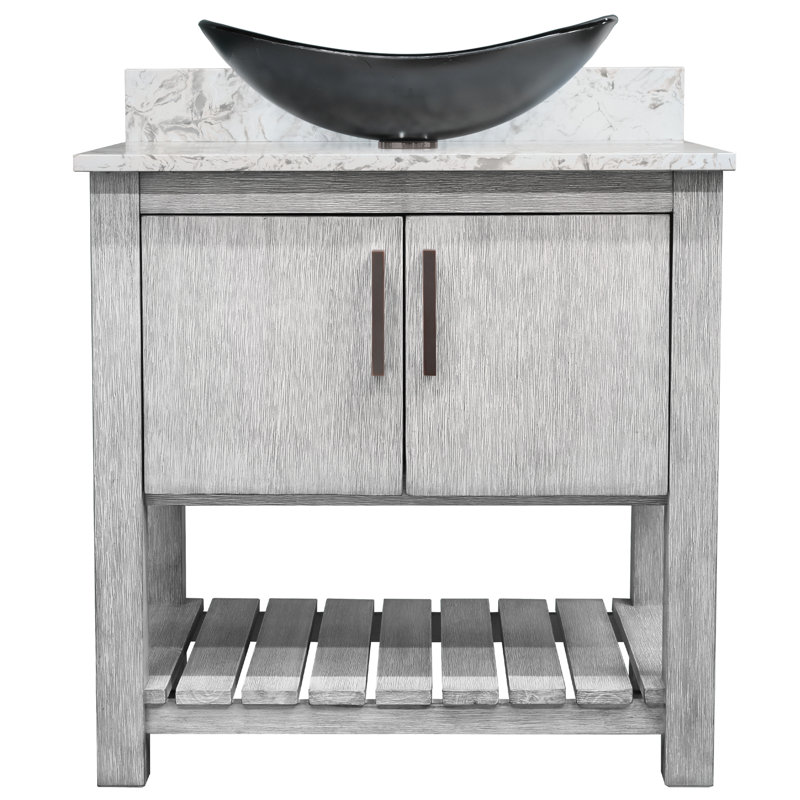 Meuble-lavabo avec comptoir en quartz moka, miroir et lavabo, Bronze huilé, 30"