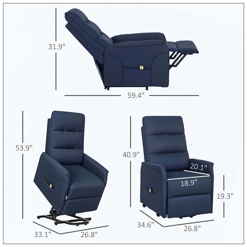 Power Lift Fabric Recliner Sofa Remote Control Side Pockets, Blue