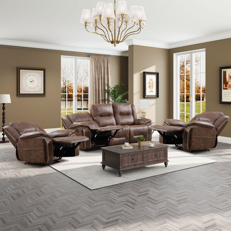 Almyra 3-Piece Vintage Faux Leather Manual Reclining Living Room Set With 2 Single Recliner Chair & A 3-Person Reclining Sofa
