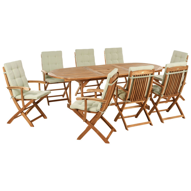 8 - Person Acacia Patio Dining Set with Oval Table , Cushions Included, Natural Wood/Green