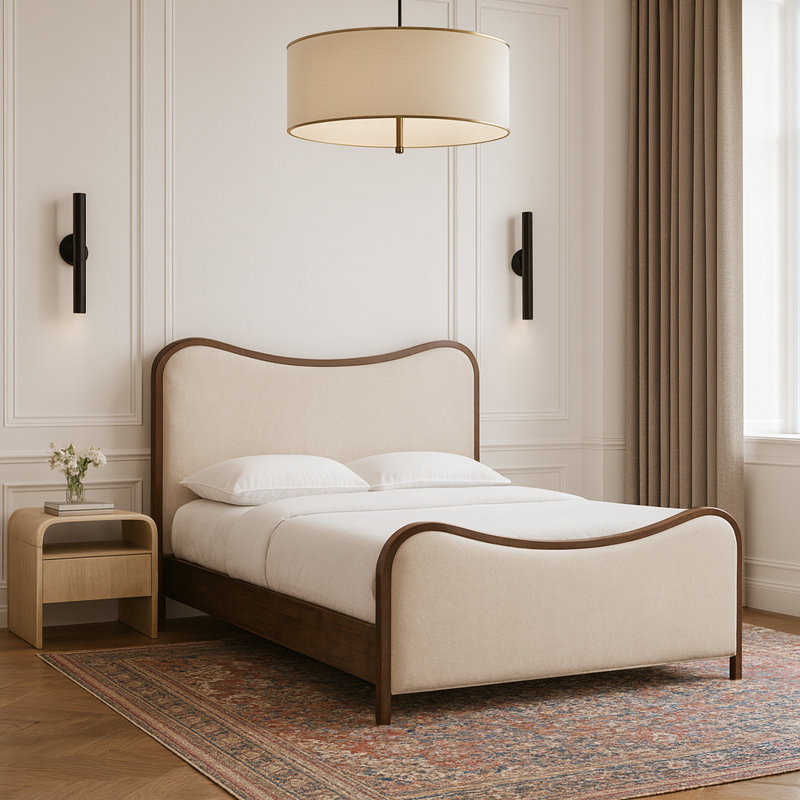 Lit tapissier Arvada, Grand, Crème végétalien en cuir / brossé en noyer