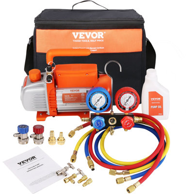 Ensemble de pompe à vide de 1/5 HP 3,5 CFM AC et ensemble de jauges, ensemble de jauges de collecteur de réfrigérant d'air à ailettes rotatives à une étape CVAC, avec sac de transport de tuyau tricolore, applicable à R134a, R1234yf
