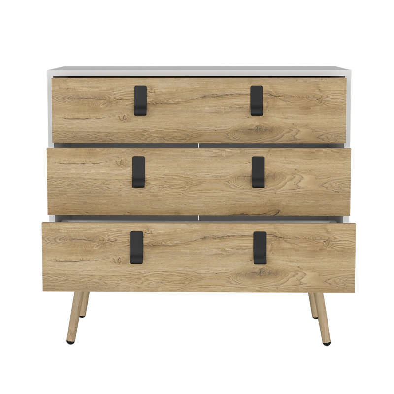 Commode H 29 po, commode 3 tiroirs avec poignées et pieds en bois, blanc / Macadamia