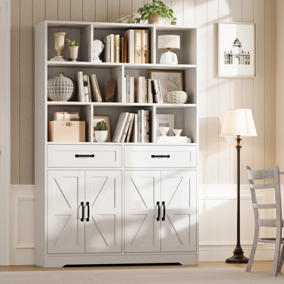 71in Tall Bookcase with 2 Drawers & 4 Doors, 6-Tier 47in Wide Large Modern Bookshelf and Bookcase Storage Cabinet with Shelves for Home Living Room Office, White