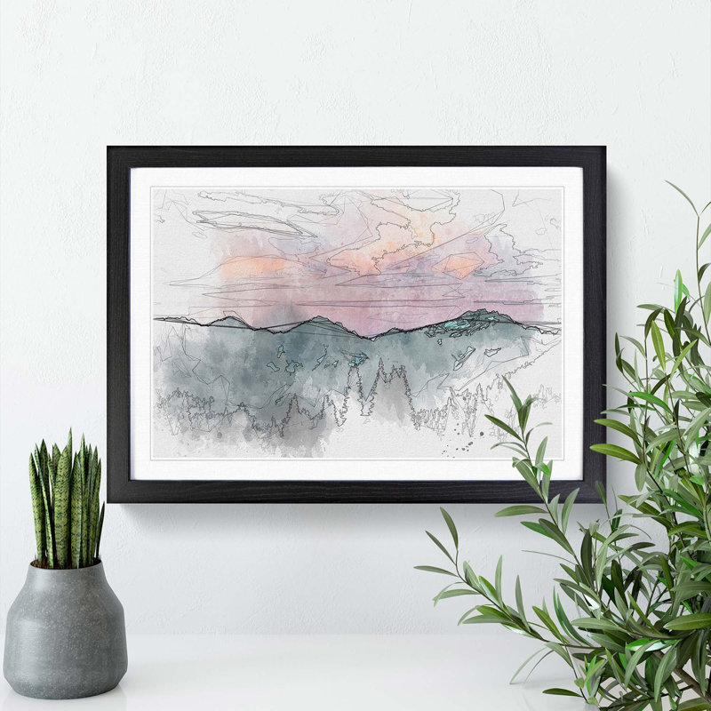 Mountain Divide in Abstract - Picture Frame Drawing Print, 62cm H x 87cm W x 2cm D, Black Framed
