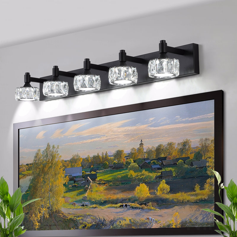 Configuration moderne à 5 lumières de style moderne en métal noir avec fonction d'éclairage à DEL pour meuble-lavabo avec abat-jour en verre cristal, pour applique murale pour salle de bain