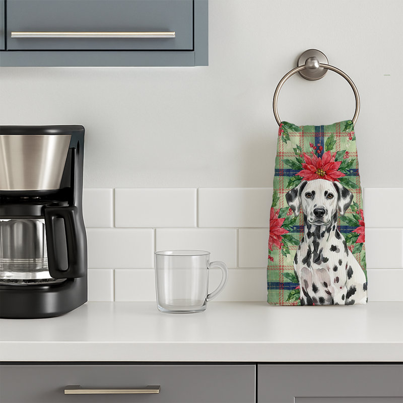 Dalmatian Christmas PoinsettIas Kitchen Towel, White/Black Dalmatian