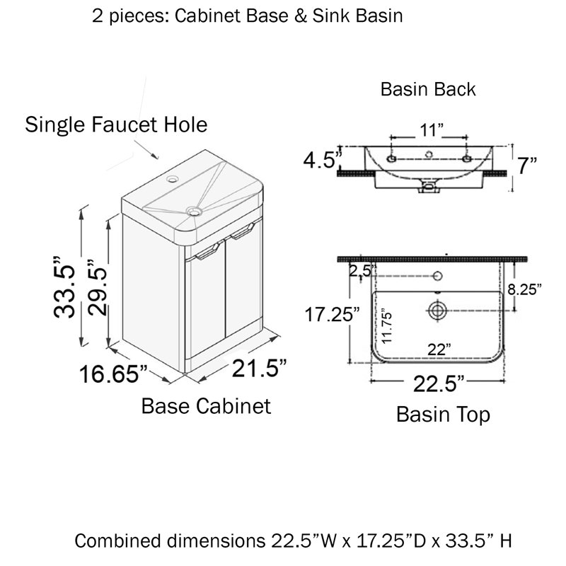 33,5 x 22,5 po de large meuble-lavabo et lavabo, Blanc