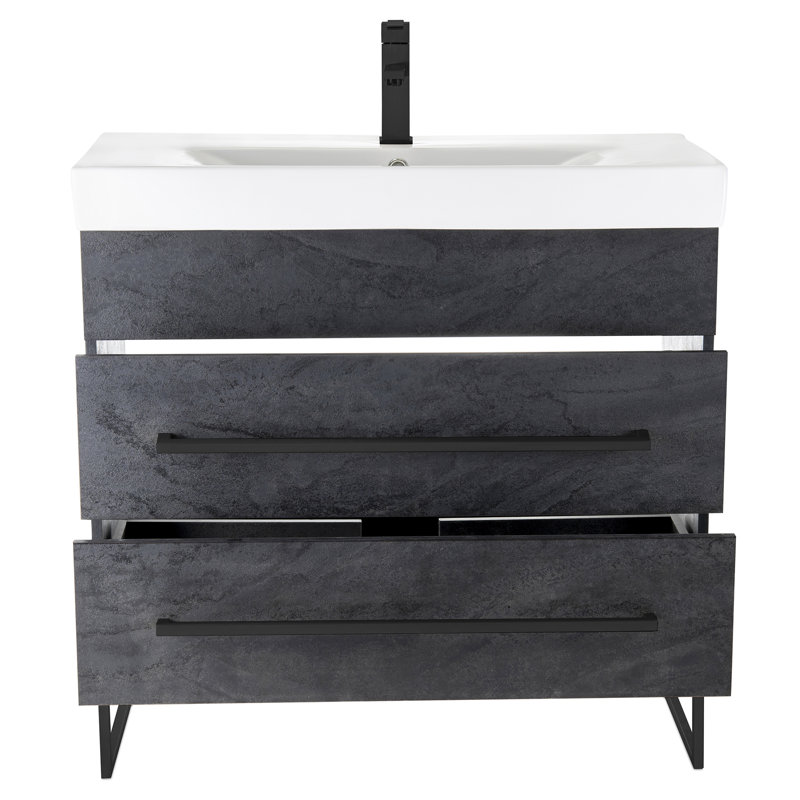 Taft Avenue 36'' Single Bathroom Vanity with Ceramic Top, Black Marble, Black Matte