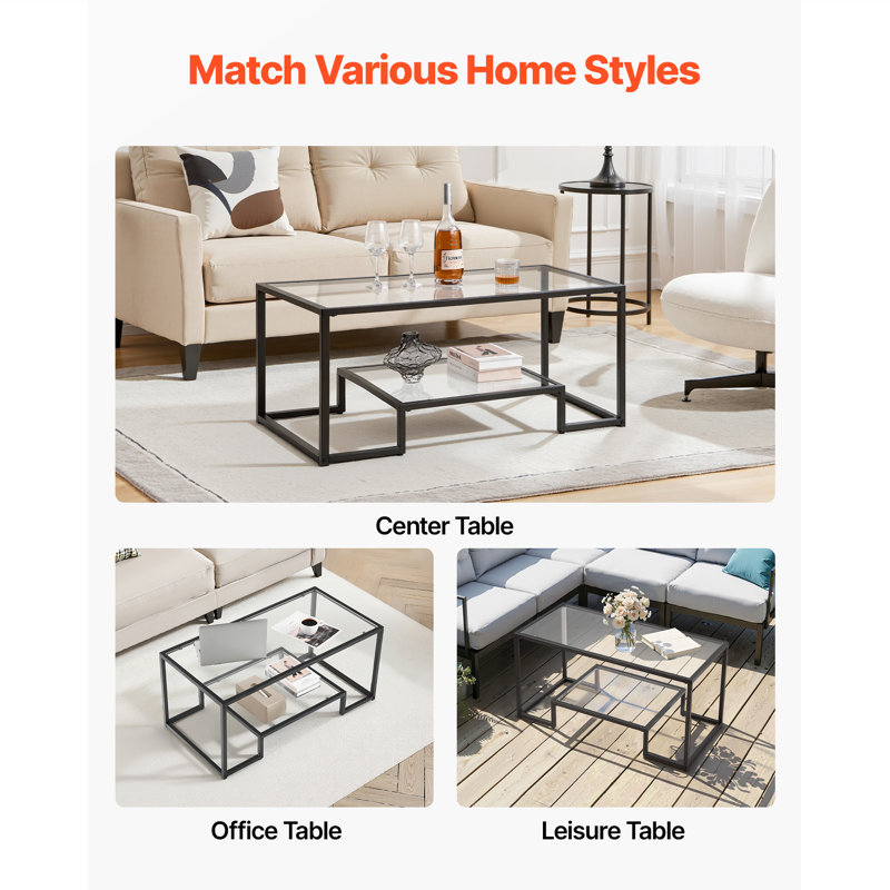 Coffee Table, 2 Tiers Rectangle Glass Center Desk with Open Storage, Modern Tempered Glass Coffee Table, Minimalist Sturdy Metal Frame Accent End Desk for Living Room, Office, Easy Assembly