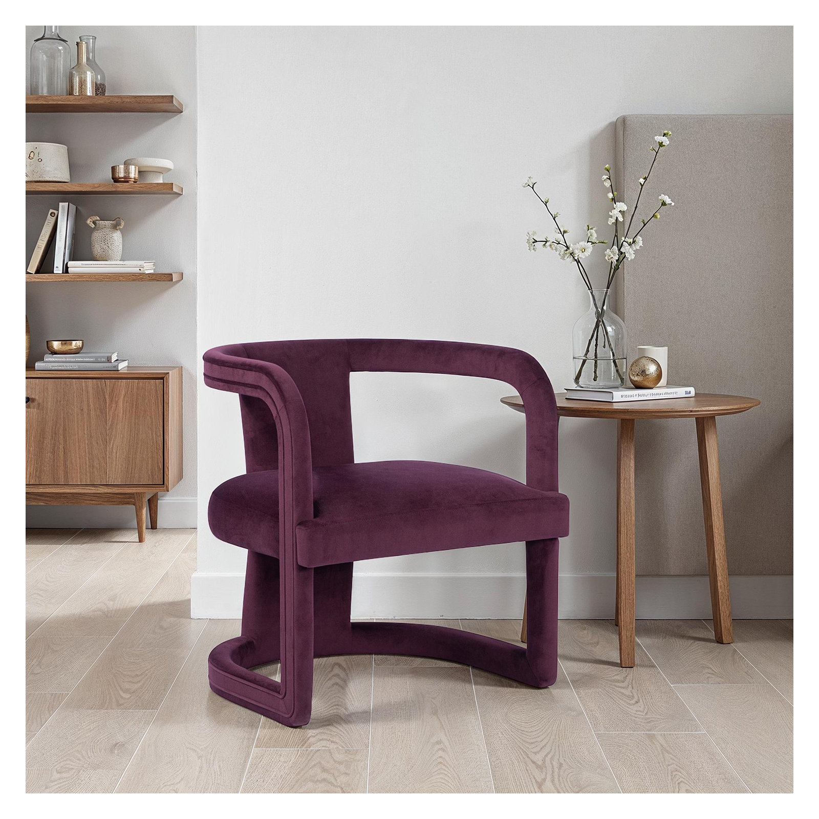 Nolita Upholstered Barrel Chair, Stax Plum Performance Velvet