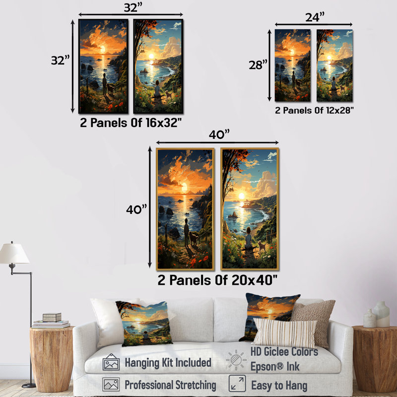 «Sunrise Kid With Best Friend Dog I», ensemble d'art mural sur toile de bord de mer tropical, Cadre noir, H 28 po x l 25 po