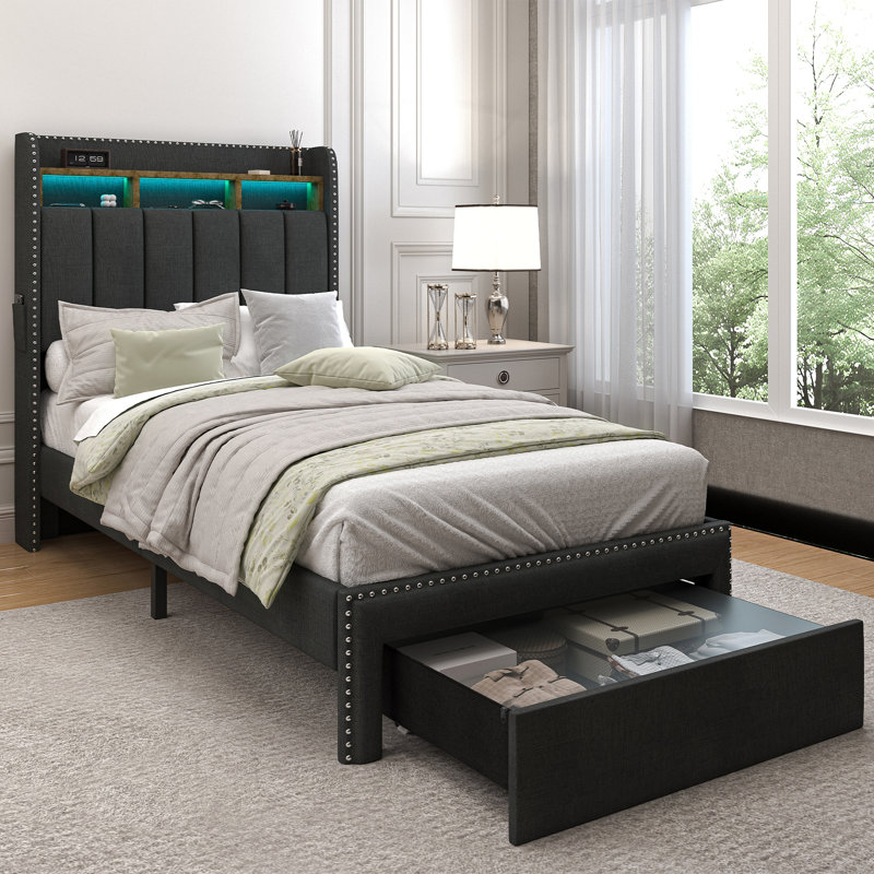 LED Bed Frame with 2 Drawers Pockets and Upholstered Wingback Headboard, Queen, Cream