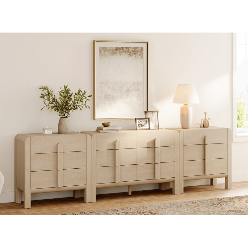 Ensemble de commode 3 pièces pour chambre à coucher, grande commode Mid Century Modern, Chêne clair