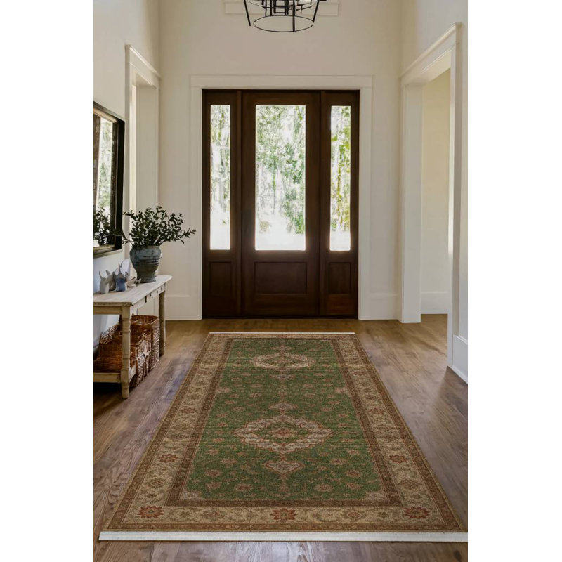 Malika Collection Digital Print Cotton-Polyester Green Oriental Rug, Runner 4' x 13'2"