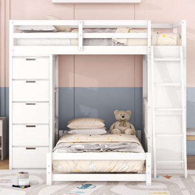 Jalayha Twin Over Twin L Shape Bunk Bed with Desk, Storage Drawers, Bookcase and Outlets