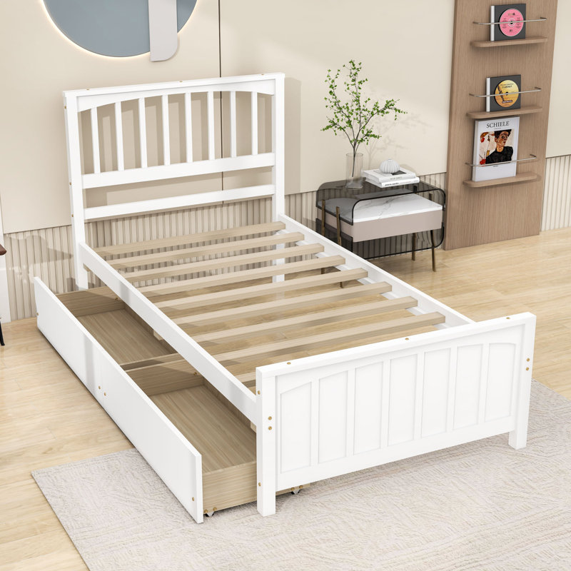 Lit plateforme simple en bois avec tiroirs de rangement intégrés, Blanc