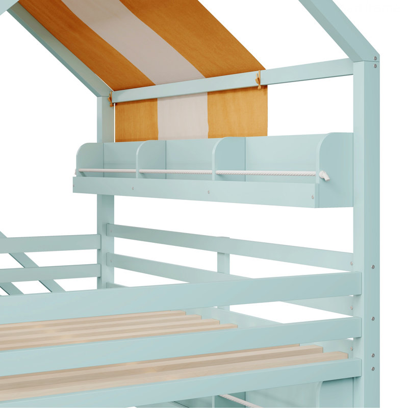 Structure de lit de chambre à coucher, lit maison avec baldaquin, glissoire, bibliothèque intégrée, Vert clair