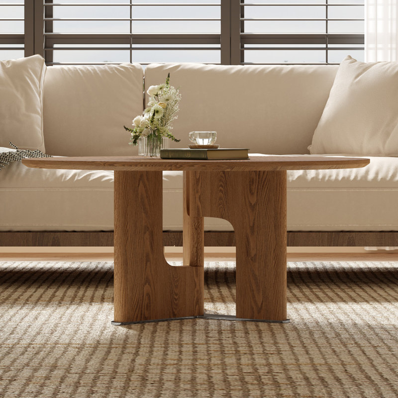 Table basse 31,5 pouces ronde en placage de bois de frêne rustique pour petit salon